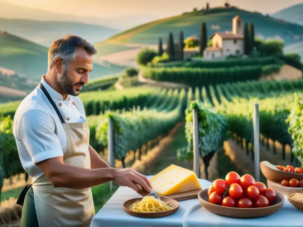 Atardecer cálido en una casa rural italiana rodeada de viñedos y olivares