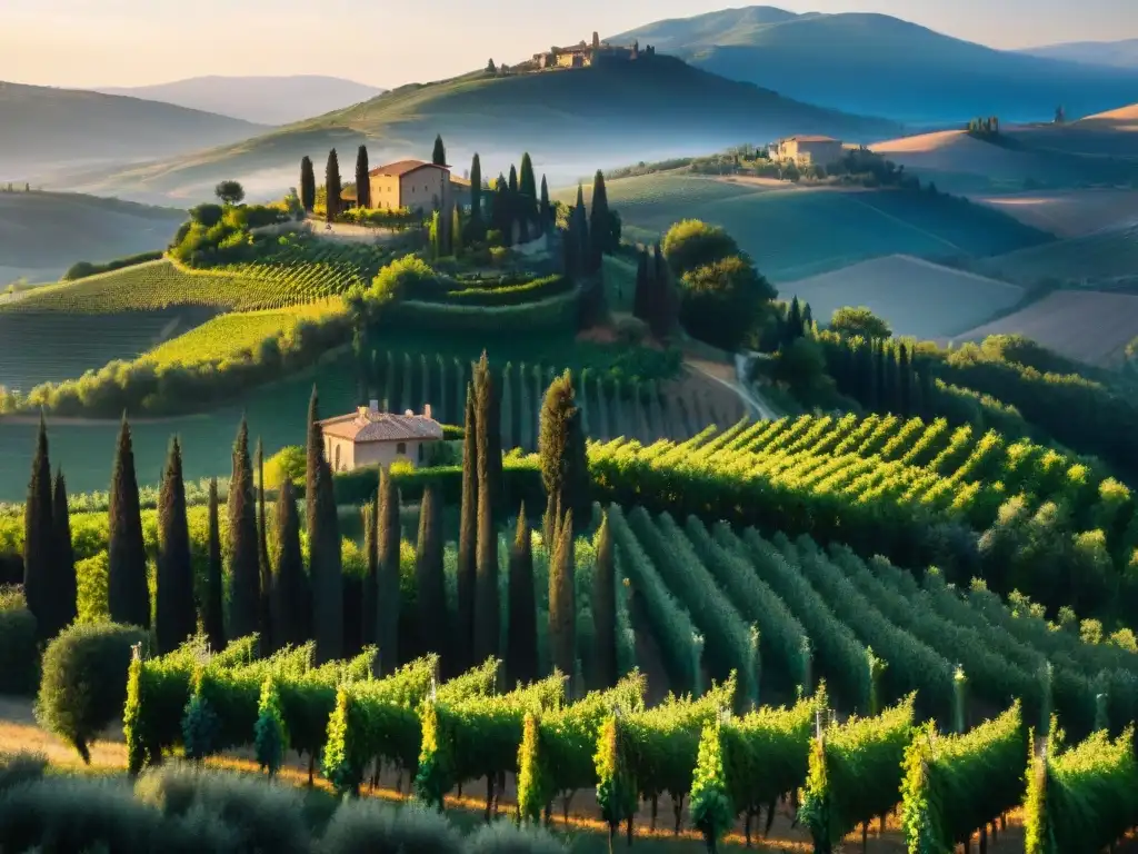 Atardecer dorado en la Toscana: cosecha en la granja italiana Atardecer dorado en la campiña toscana con viñedos y olivares