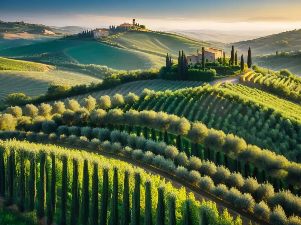 Un atardecer dorado sobre colinas y olivares en la Toscana, Italia, resaltando la belleza de los aceites de oliva italianos únicos