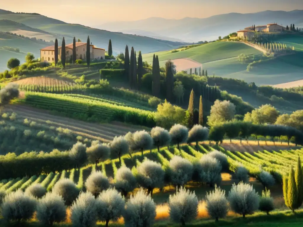 Atardecer dorado sobre colinas de Toscana con olivos