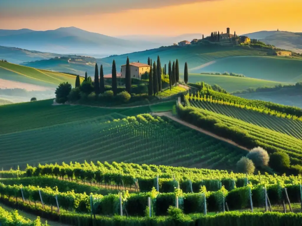 Un atardecer dorado en las colinas de viñedos de la Toscana, Italia