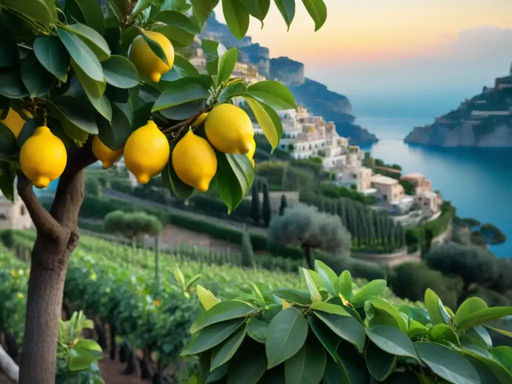 Atardecer dorado entre limoneros en la Costa Amalfitana de Italia