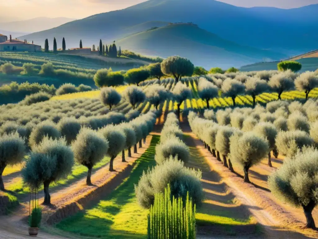 Un atardecer dorado ilumina un olivar en la Toscana, Italia, donde un agricultor cosecha aceitunas