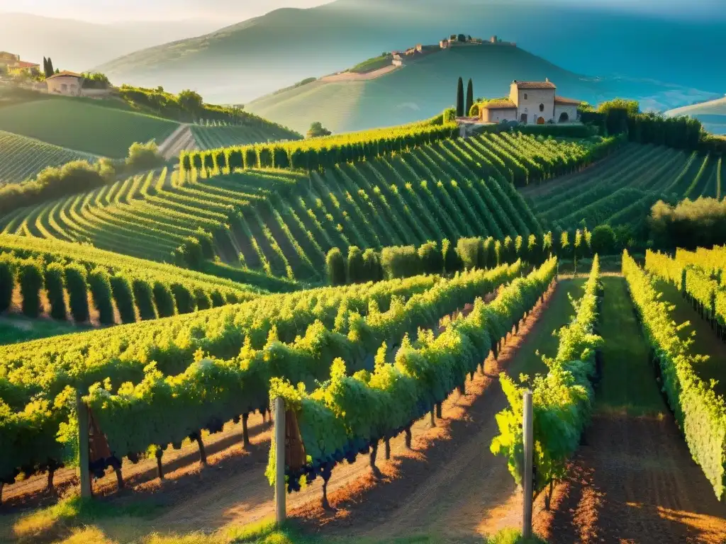 Un atardecer dorado en una pintoresca viña italiana, con granjeros recolectando uvas, representando el agroturismo italiano cocina tradicional