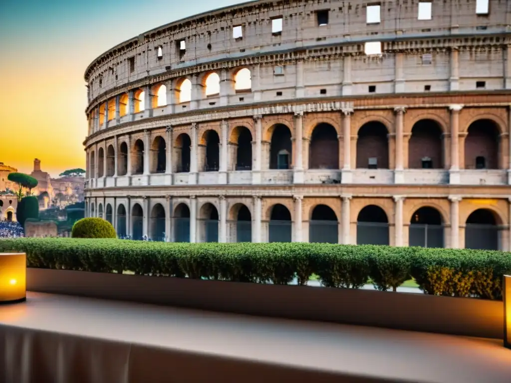 Atardecer dorado en restaurante italiano con vista al Coliseo en Roma