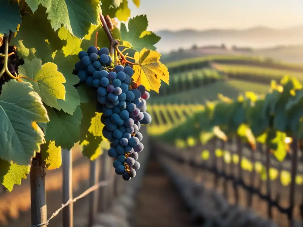 Un atardecer dorado en un viñedo italiano con un agricultor inspeccionando uvas maduras