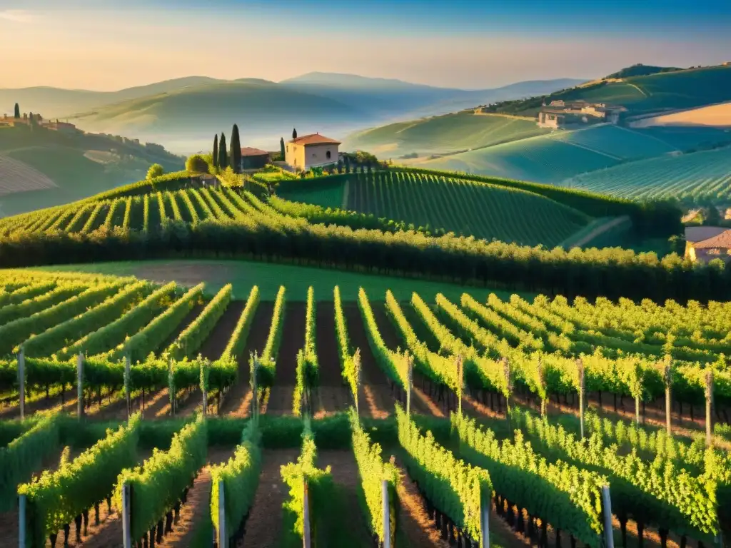 Un atardecer dorado en un viñedo italiano rústico, con filas de vides de Lambrusco hacia el horizonte