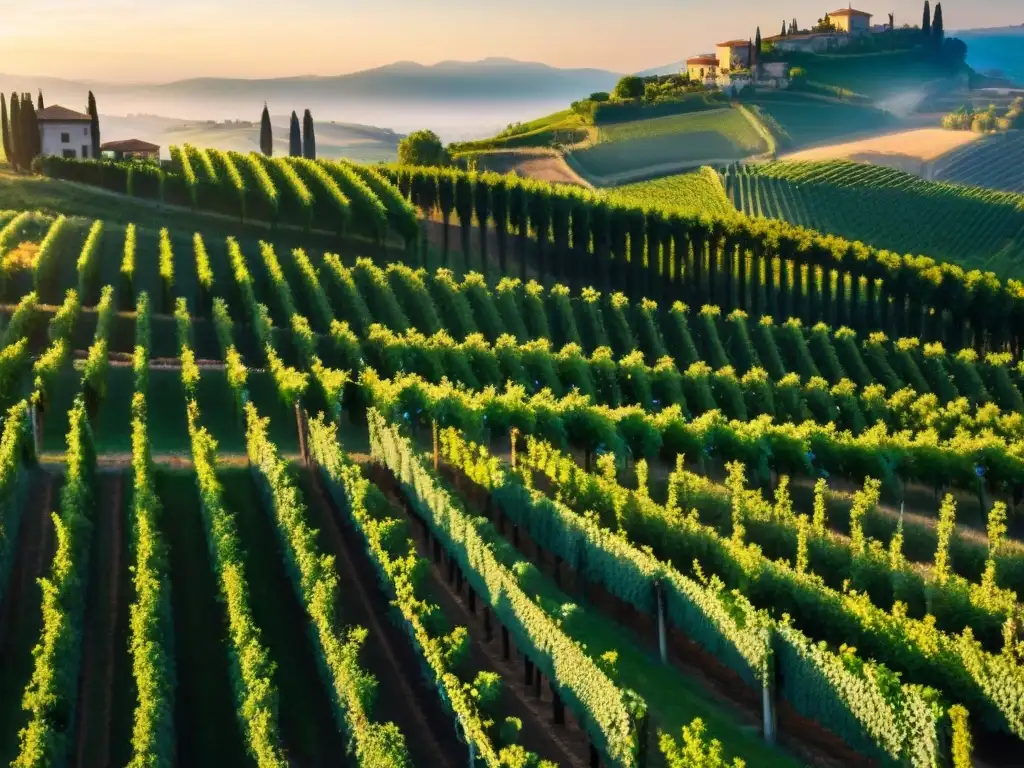 Atardecer dorado en un viñedo italiano exclusivo, con la villa histórica y las vides verdes