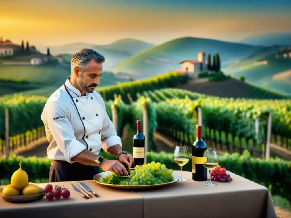 Atardecer dorado en viñedo italiano con chef preparando plato