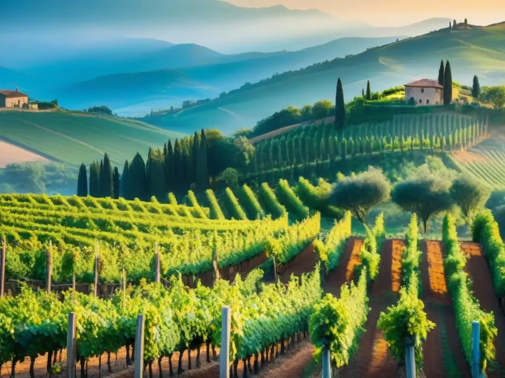 Atardecer dorado en viñedo de la Toscana, Italia, uniendo naturaleza, comida y cultura