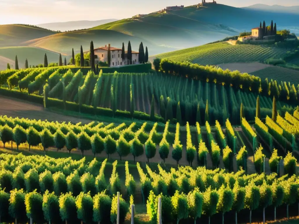 Atardecer dorado en viñedo de la Toscana con villa italiana entre cipreses