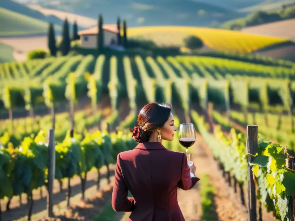 Un atardecer dorado en un viñedo de la Toscana, con amantes del vino disfrutando de eventos vinícolas imperdibles