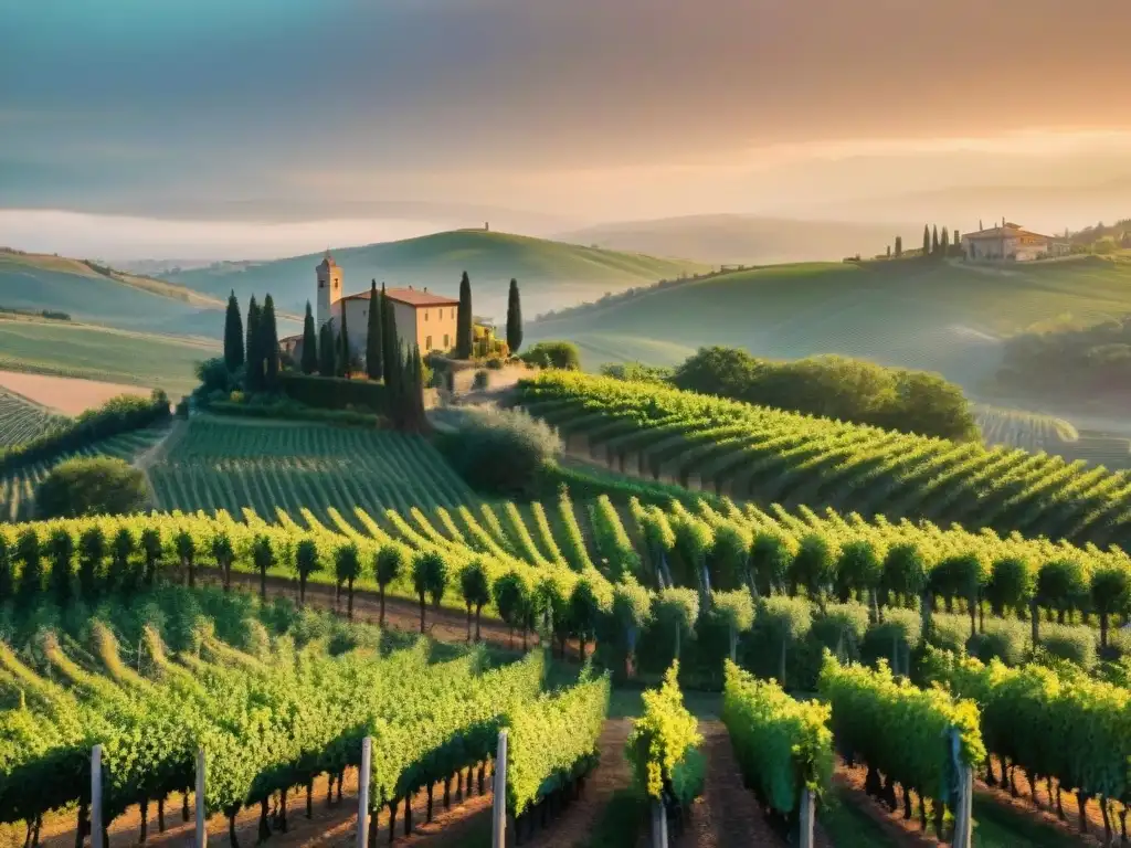 Un atardecer dorado en un viñedo de la Toscana con filas de viñedos verdes y una casa rústica al fondo