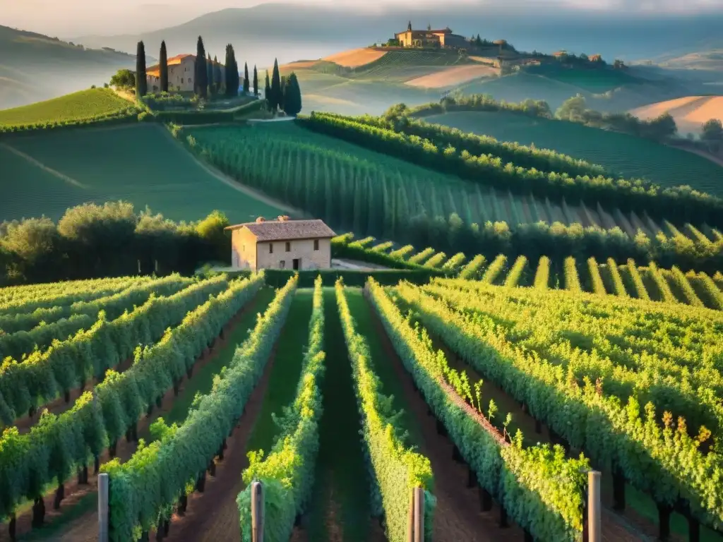 Atardecer dorado en viñedo de la Toscana, Italia