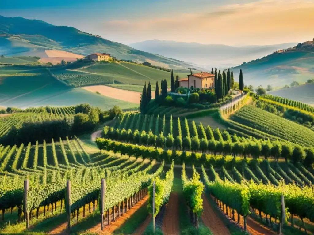 Paisaje de viñedo en Toscana al atardecer Atardecer dorado en viñedo de la Toscana