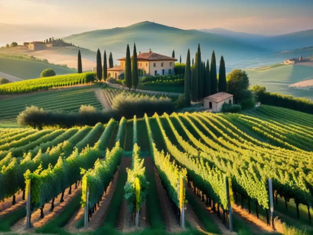 Atardecer dorado en viñedo de la Toscana, chefs preparan platos tradicionales