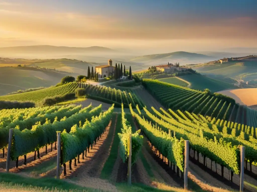 Un atardecer dorado ilumina viñedos en la campiña toscana, donde se produce el Vino Nobile di Montepulciano