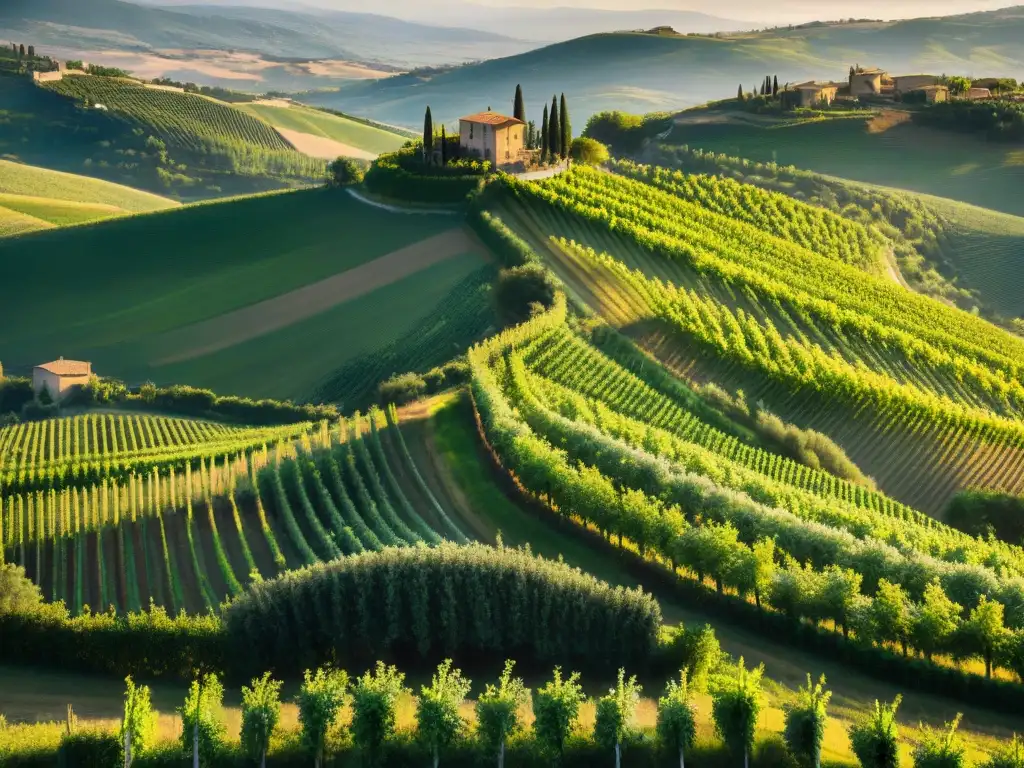 Un atardecer dorado ilumina viñedos exclusivos en Italia, enmarcados por colinas y un encantador pueblo italiano
