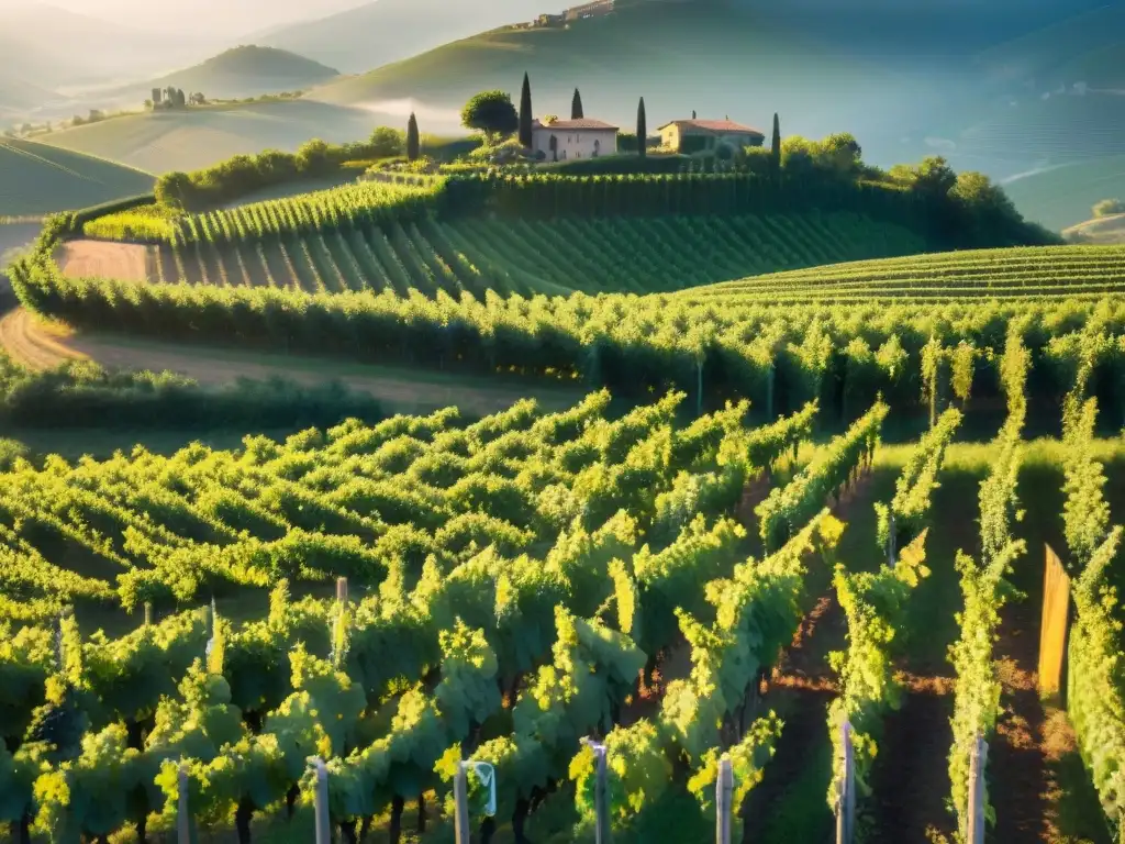 Un atardecer dorado en viñedos italianos, resaltando estancias sostenibles