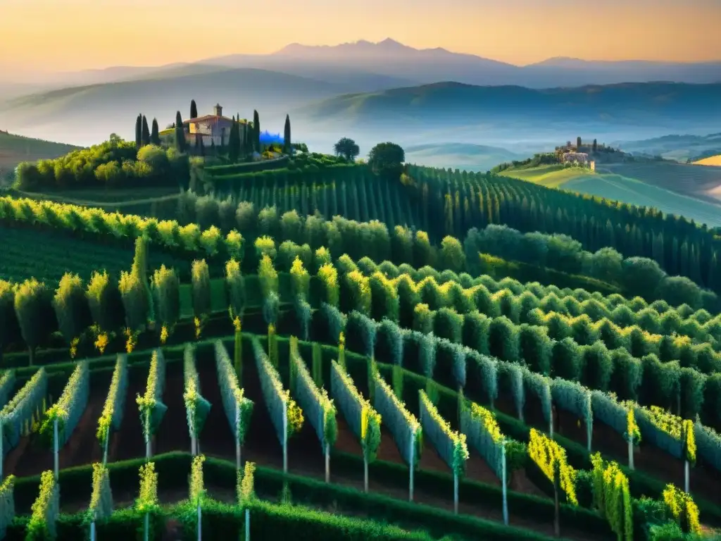 Atardecer dorado sobre viñedos en Toscana, Italia