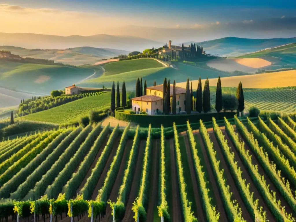 Un atardecer dorado ilumina viñedos en Toscana, Italia