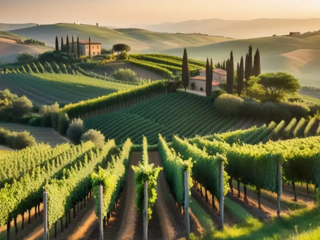 Atardecer dorado sobre viñedos en Toscana