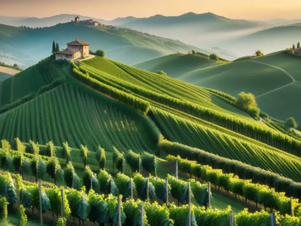 Un atardecer dorado sobre los viñedos de Piemonte, Italia, evocando la tranquilidad y belleza de la región