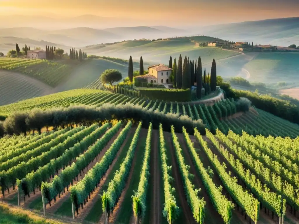 Un atardecer dorado sobre viñedos verdes en colinas de la Toscana