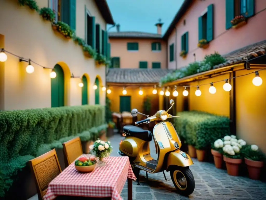 Atardecer en un encantador patio italiano iluminado por luces, mesas con manteles de cuadros y platillos italianos