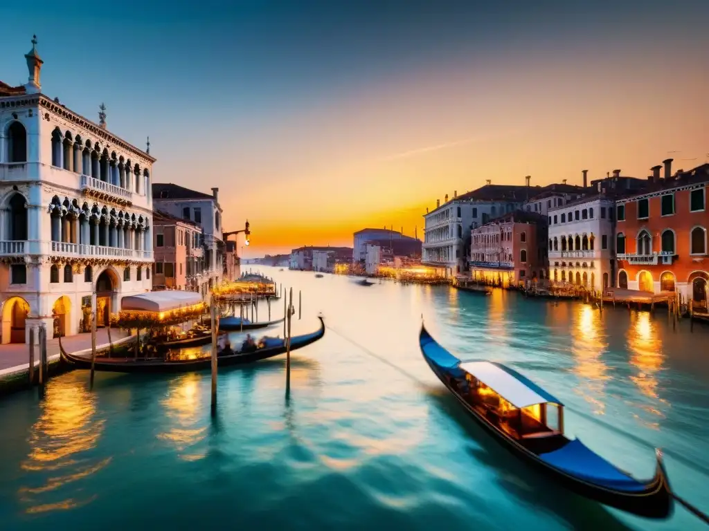 Un atardecer en el Gran Canal de Venecia con góndolas y edificios históricos iluminados por la cálida luz nocturna