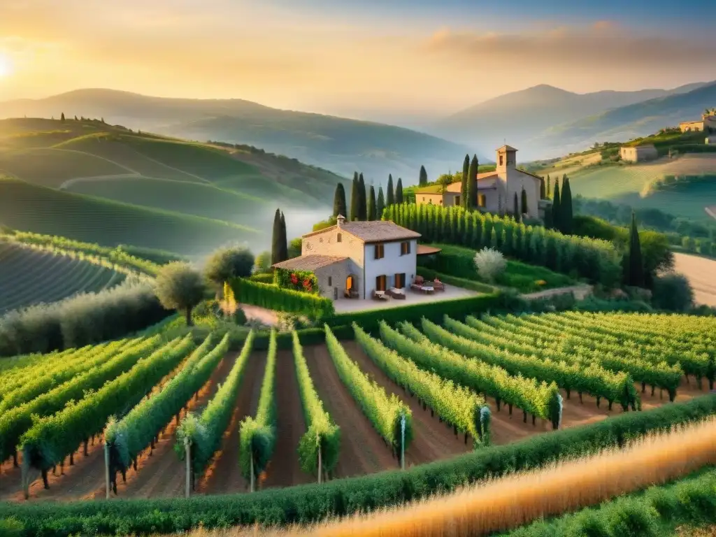 Un atardecer mágico en agroturismo italiano: cocinando en un idílico paisaje de viñedos y olivares, turistas felices preparan platos tradicionales