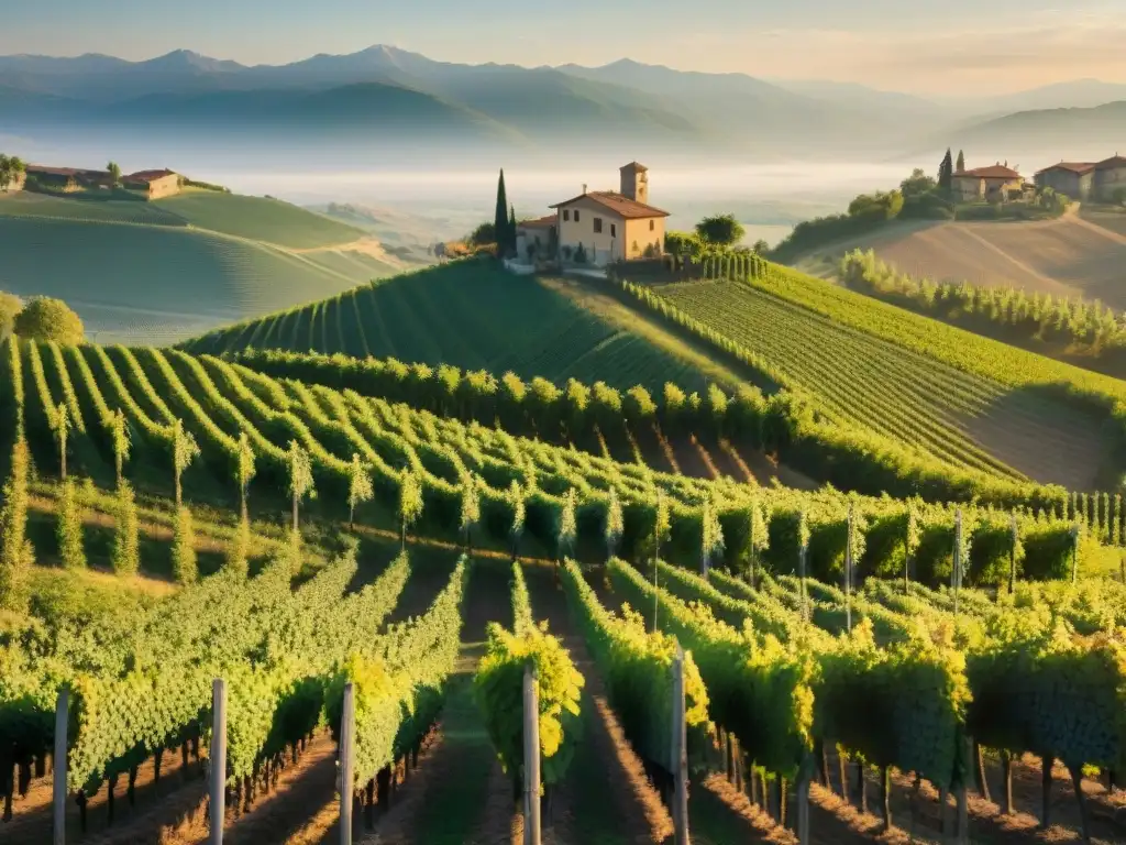 Un atardecer mágico en las colinas de viñedos de Piemonte, Italia, donde se elaboran vinos tradicionales