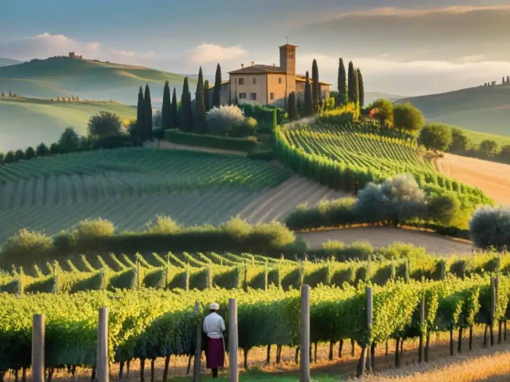 Un atardecer mágico en una granja toscana con lugareños recolectando uvas, fusionando agroturismo en Toscana y gastronomía tradicional