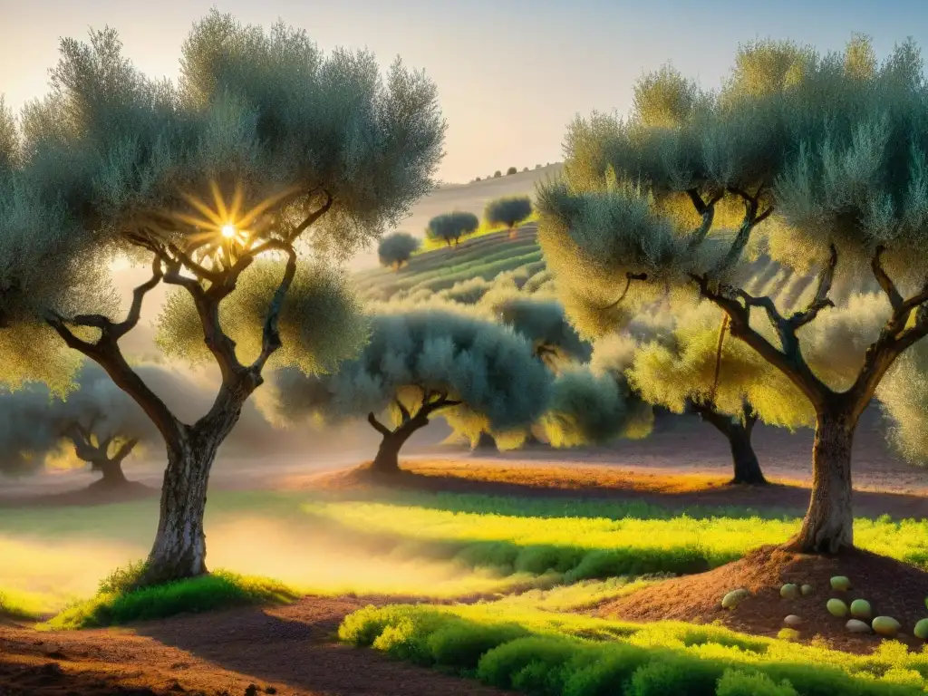 Un atardecer mágico en un olivar, con olivos repletos de aceitunas maduras y un antiguo molino de piedra al fondo