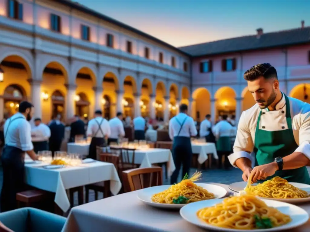 Atardecer mágico en restaurante italiano: chefs crean arte culinario mientras comensales admiran