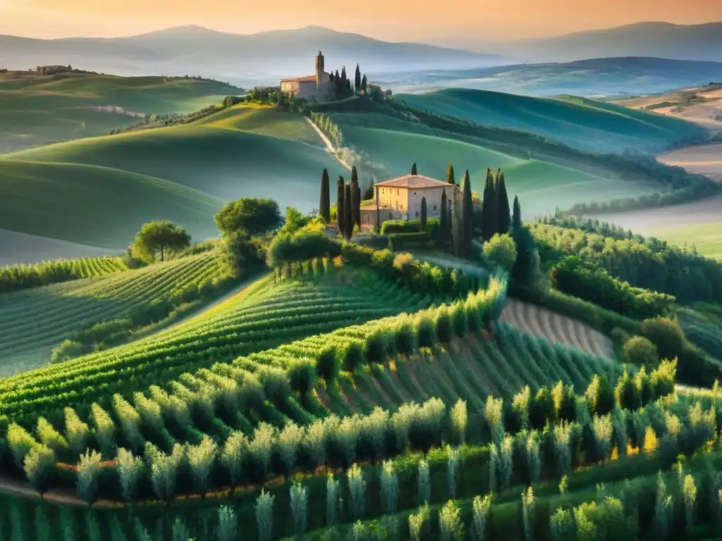 Un atardecer mágico en Toscana: campos verdes, viñedos, olivares y cipreses