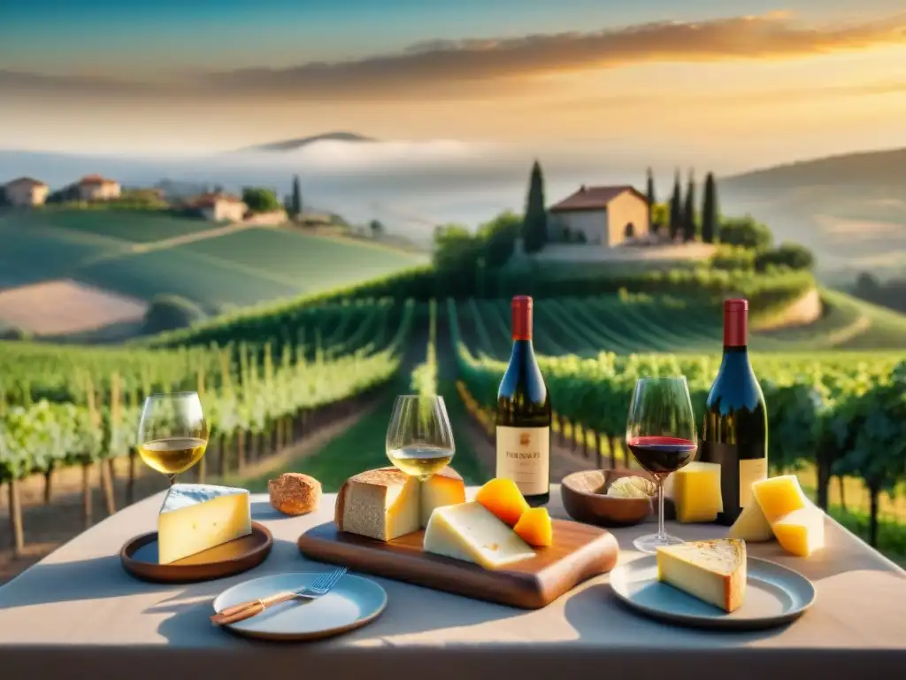 Un atardecer mágico en un viñedo italiano, con una mesa rústica repleta de delicias locales y vinos orgánicos