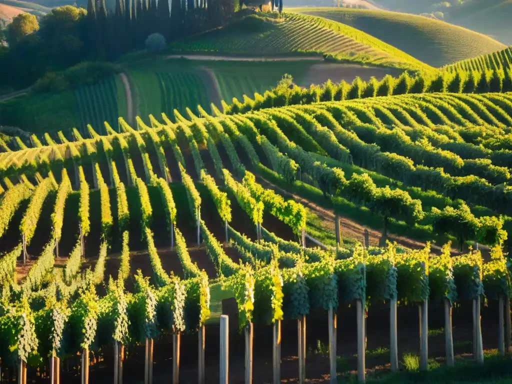 Atardecer mágico en viñedo italiano con filas de uvas verdes y casa rústica