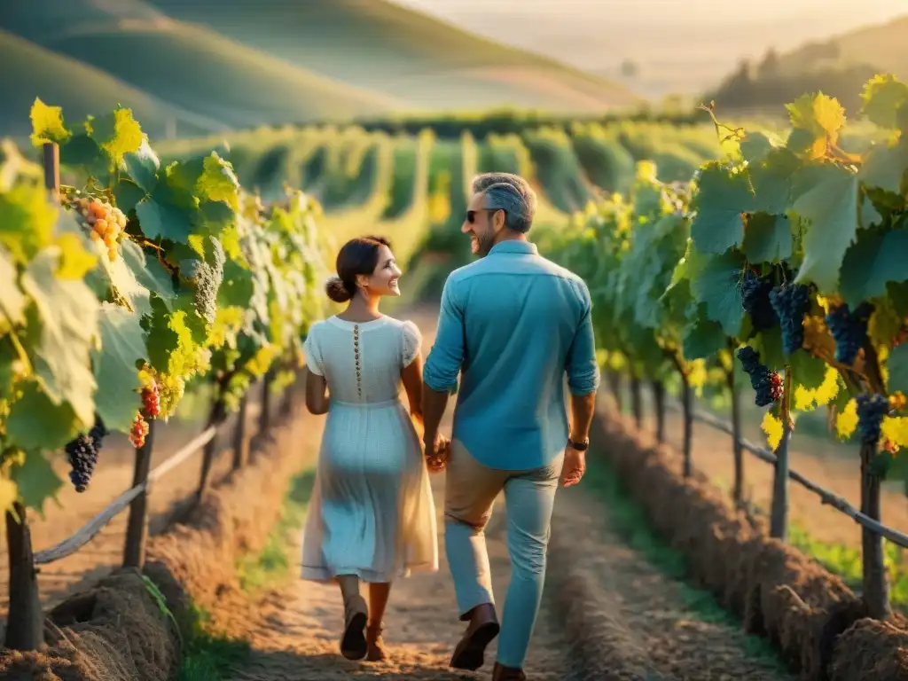 Un atardecer mágico en un viñedo italiano con una familia feliz recogiendo uvas juntos