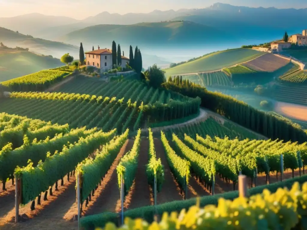 Atardecer mágico en viñedo italiano con agricultores cosechando uvas