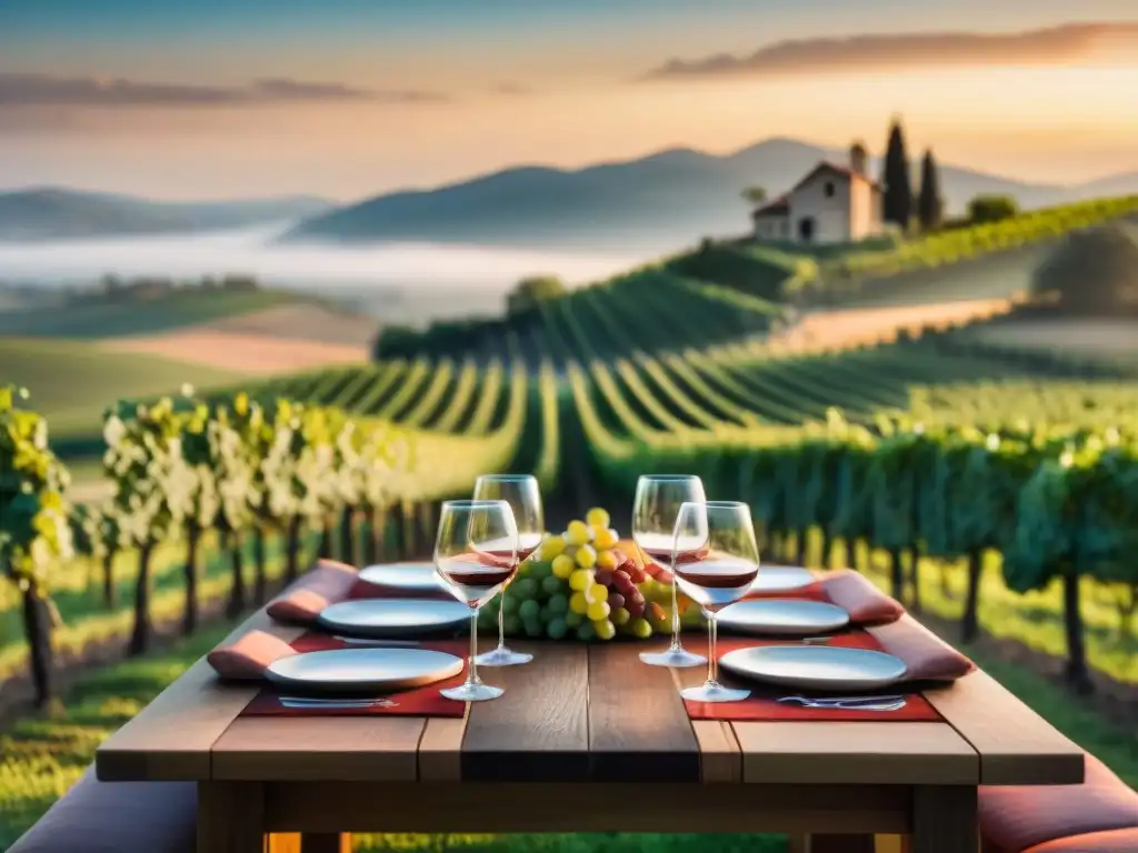 Un atardecer mágico en viñedo con mesa de maridaje perfecto: vino, queso y embutidos