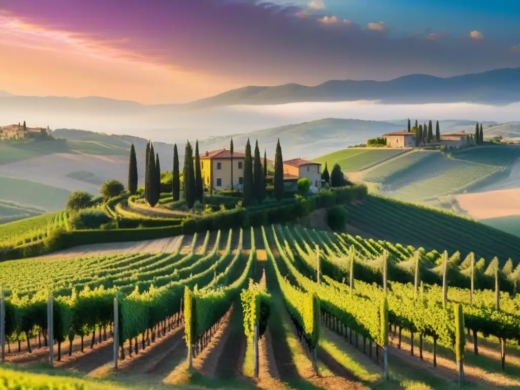 Un atardecer mágico en un viñedo de la Toscana, Italia, con una villa tradicional y cipreses