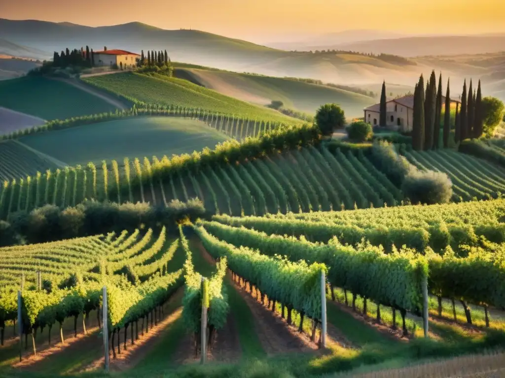 Un atardecer mágico en un viñedo en la Toscana, Italia, donde vinicultores locales trabajan apasionadamente