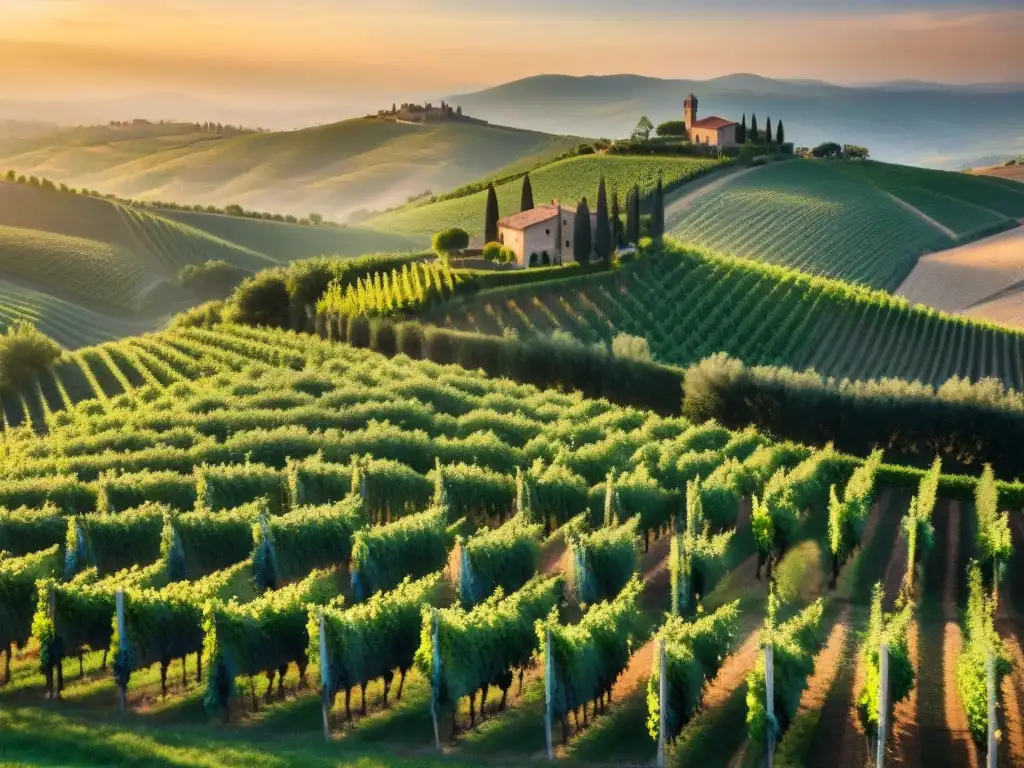 Un atardecer mágico sobre viñedos italianos naturales, entre colinas ondulantes y granjas rústicas