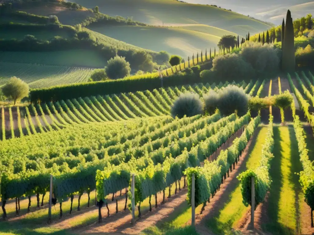 Un atardecer mágico en viñedos orgánicos innovadores en Italia, donde enólogos y sumilleres dialogan entre los verdes racimos al sol poniente