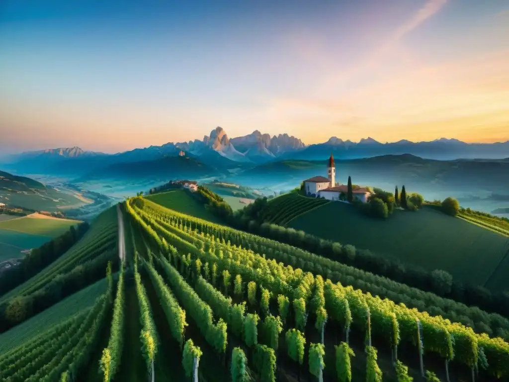 Un atardecer mágico sobre los viñedos de la Ruta del Prosecco en Veneto, Italia