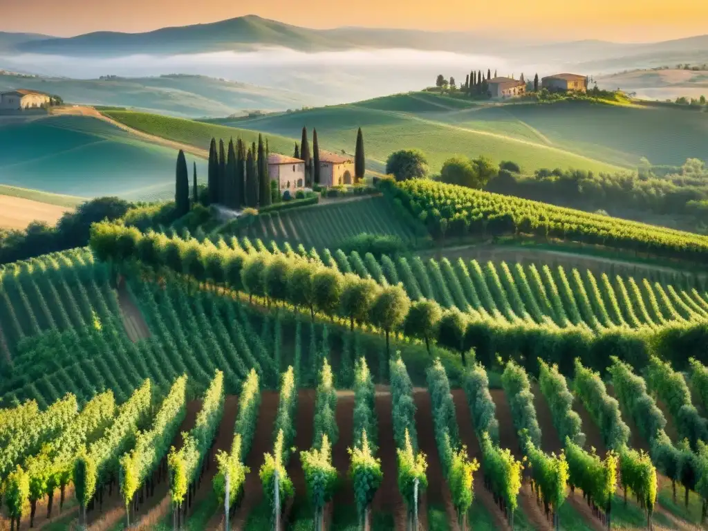 Un atardecer mágico sobre los viñedos de la Toscana, Italia, con patrones naturales hipnotizantes