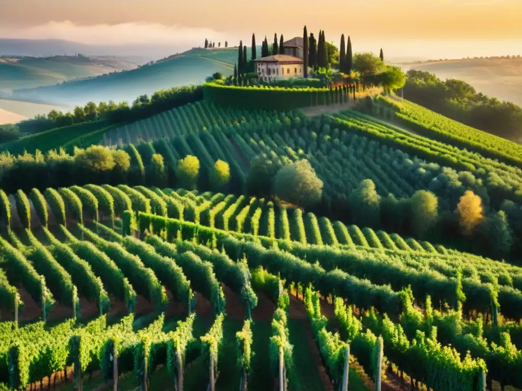 Un atardecer mágico sobre viñedos en Toscana, Italia