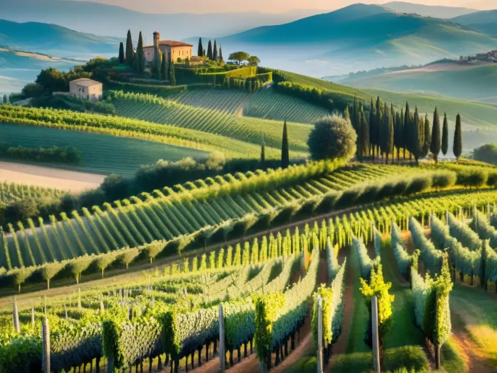 Atardecer mágico en viñedos de Toscana con bodega histórica y cipreses