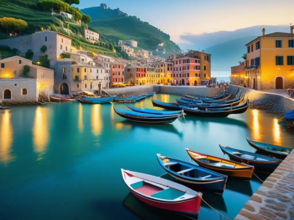 Atardecer en un pintoresco pueblo pesquero italiano, con pescadores, restaurantes y platos típicos